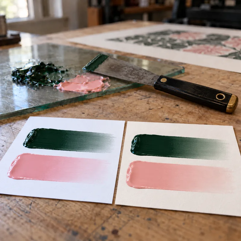 The same ink drawn down on two different papers, with an ink knife.