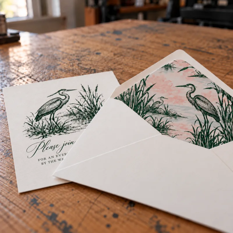 A printed invitation beside a matching envelope liner.