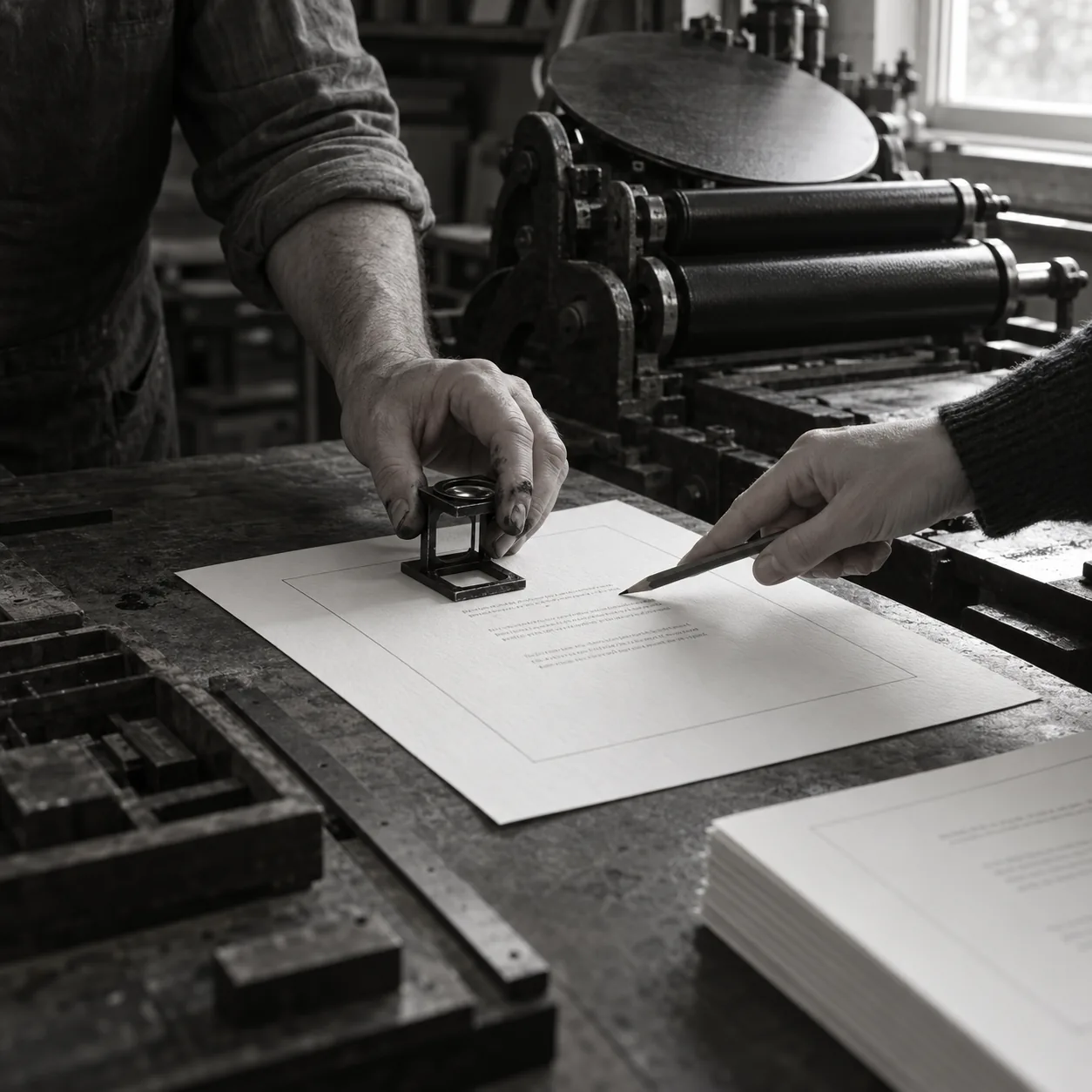 A printer and a client check a freshly printed sheet together at the press.